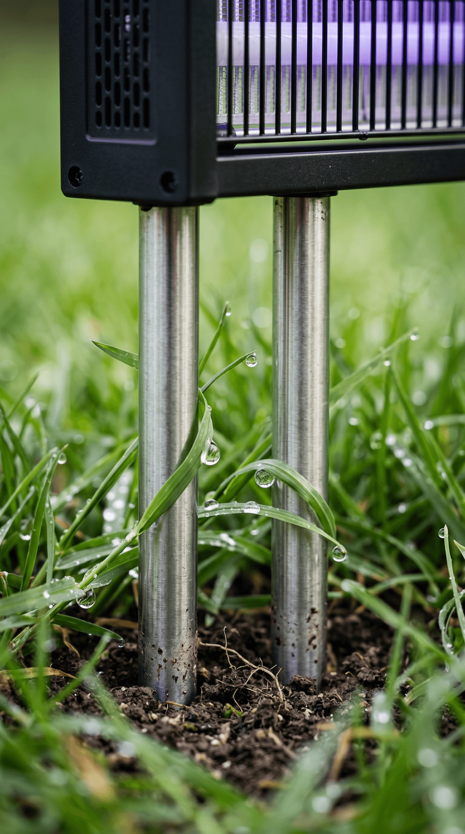 Close-up of the two stainless-steel stake legs of the Gainstarx unit driven into healthy lawn grass