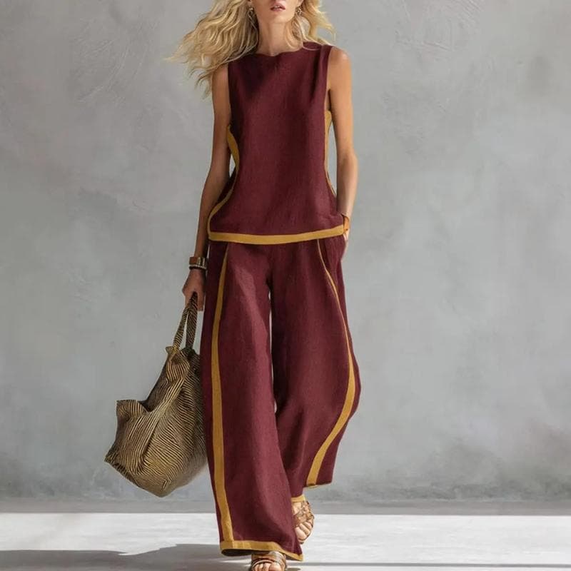 Womens Sleeveless Color Block Top and Wide Leg Pants Summer Set